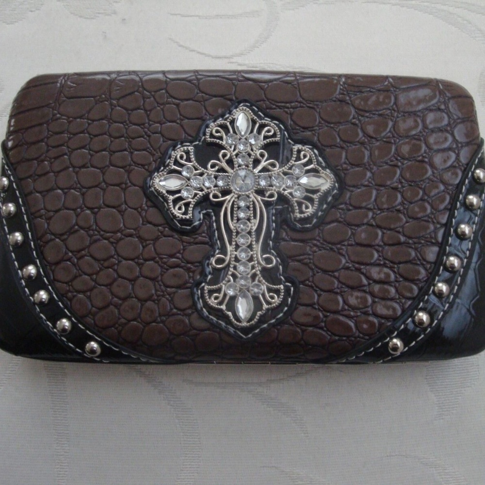 Brown Faux Croc / Snake Rhinestone Bling Cross Clutch Wallet Yesir New
